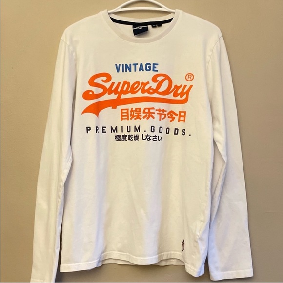 SuperDry White & Orange Graphic Long Sleeve Crewneck Cotton Tee - Size Medium - Picture 4 of 16